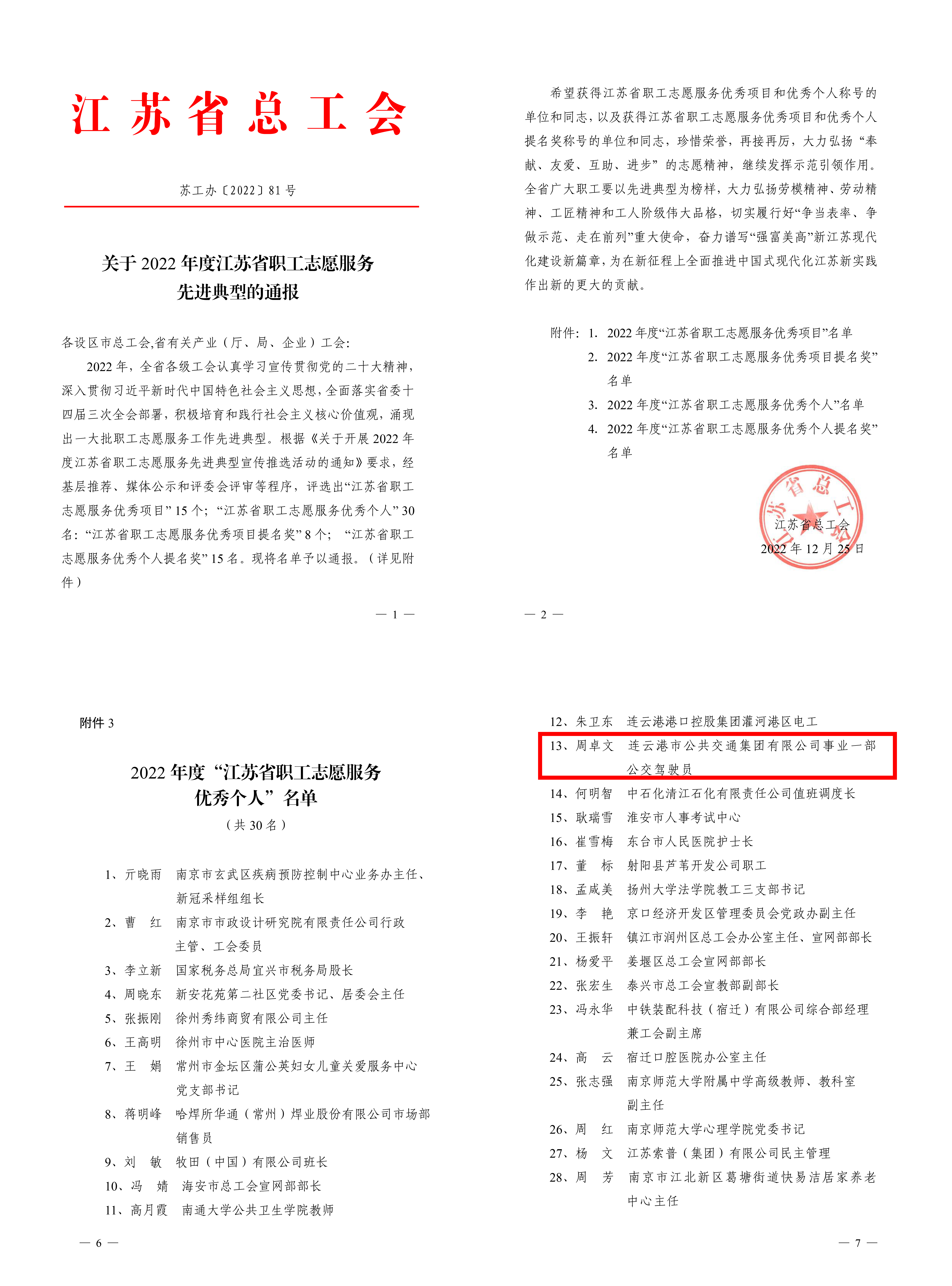 公交集團(tuán)公交事業(yè)一部駕駛員周卓文榮獲“江蘇省職工志愿服務(wù)優(yōu)秀個(gè)人”榮譽(yù)稱號(hào)